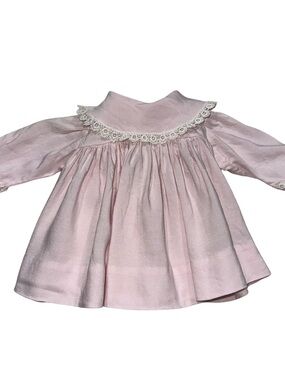 Vintage 70’s Pink Baby Doll Ruffle Dress with White Lace Trim Collared